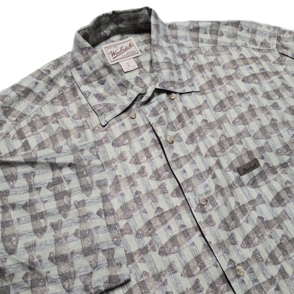 VTG Woolrich‎ Shirt Short Sleeve Button Down Fish Print Green Casual Mens M